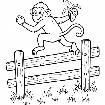 Line art of a lively monkey vaulting over a rustic wooden fence, holding a peeled banana.