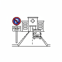 Black and white line art of an Indian no parking sign in an emergency access lane with an ambulance.