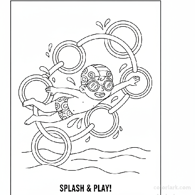 Black and white line art of a child swimming freestyle through pool rings, wearing a swim cap and goggles.
