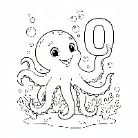 Black and white line art of a playful octopus holding the letter O underwater.
