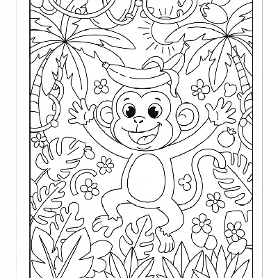 Black and white line art of a comical monkey leaping playfully with a banana balanced on its head like a crown.