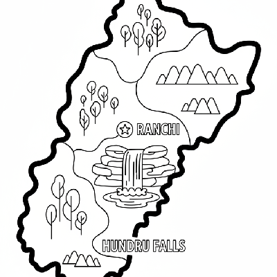 Line art coloring map of Jharkhand state, featuring Ranchi, a waterfall illustration, and subtle forest indications.