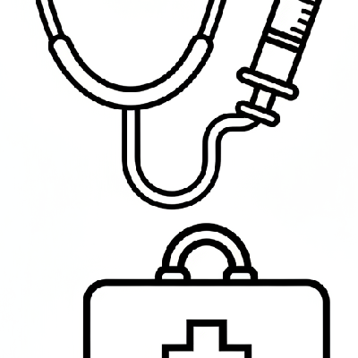 Black and white line art of doctor's check-up tools like a stethoscope, syringe, and doctor's bag, all formed by circles, squares, and triangles for shape recognition.
