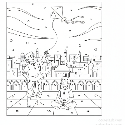 Line art of Indian boys enjoying evening breeze with kites on an open Indian city terrace, for coloring.