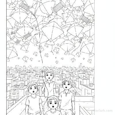 Line art of Indian boys and a sky full of kites from an Indian high-rise rooftop, suitable for coloring.