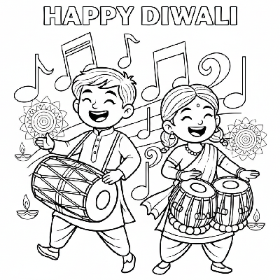 Enthusiastic children happily playing traditional Indian drums (Dholak) for Diwali festivities, black-and-white line art