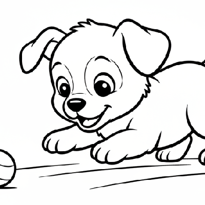Black and white line art of a playful puppy curiously observing a small rolling stone, ideal for Indian toddlers to color.