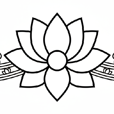 Black and white line art of a traditional lotus flower Rakhi with symmetrical petals and bud outlines, symbolizing purity for coloring.