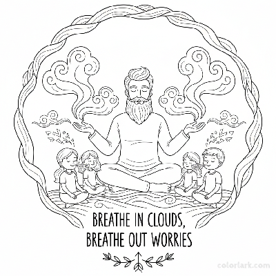 Line art of kids learning Cloud Breath for relaxation with a yoga instructor.