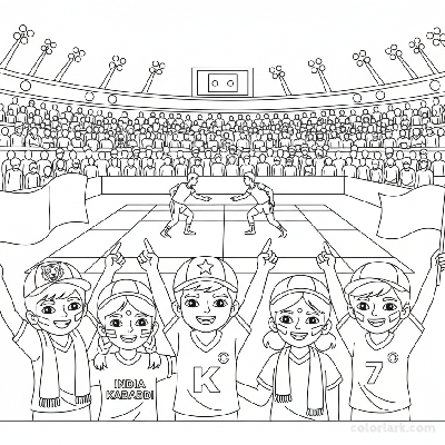 Line art of Indian children wearing implied team colors, watching a National Kabaddi League match with enthusiasm.