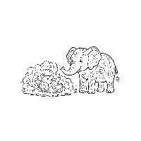 Free printable coloring page of a baby elephant playfully rolling in dust next to its mom.