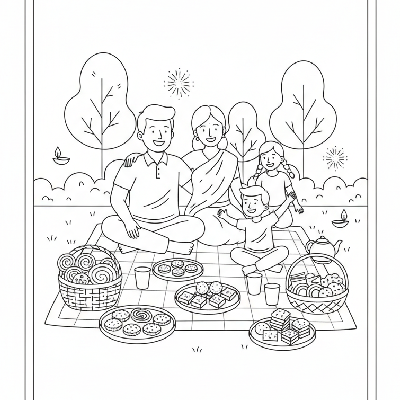 A family enjoying a cozy Diwali picnic outdoors with festive snacks, showing happiness and togetherness, black-and-white line art