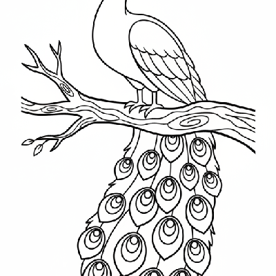 Black and white line art coloring page of a majestic peacock sitting proudly on a sturdy tree branch with its tail feathers flowing.