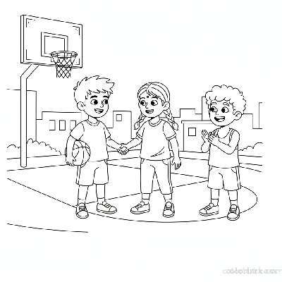 Line art of Indian children shaking hands, learning sportsmanship in street basketball, with a friend cheering.