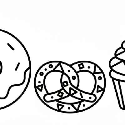 Black and white line art of bakery delights like donuts, pretzels, and cupcakes, all composed of circles, squares, and triangles, for shape recognition coloring.